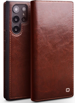 Qialino - Geschikt voor Samsung Galaxy S23 Ultra - Leren bookcase hoes - Bruin