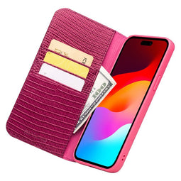 Qialino - iPhone 15 Plus - Leren bookcase hoes - Croco Roze