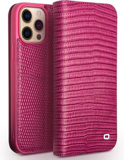 Qialino - lederen luxe bookcase hoes - Geschikt voor iPhone 13 Pro - Croco Roze