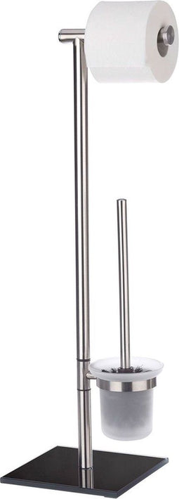 WENKO Lima - Toiletbutler - Toiletrolhouder en Toiletborstelhouder - RVS mat en zwart veiligheidsglas