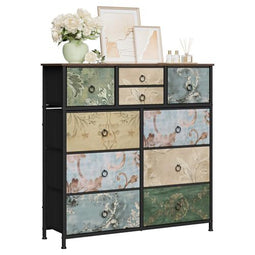 Woltu Ladekast met 10 Lades Vintage Bloemenmotief - Bruin - 100 x 100 x 30 cm