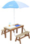 AXI Dennis Zand & Water Picknicktafel met Speelkeuken, Wastafel en losse bankjes in Bruin - Met Parasol in Blauw/Wit - Incl. 17-delige accessoire-set
