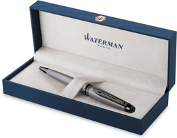 Waterman Expert Balpen | Metallic zilveren lak met rutheniumdetails | Medium punt | Blauwe inkt | Met geschenkverpakking