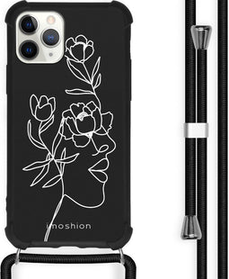 iMoshion iPhone 11 Pro - Hoesje met Koord - Verstelbaar Koord - Wit / Zwart / Woman Flower Black