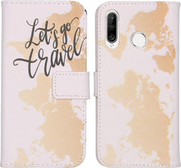 iMoshion Hoesje Geschikt voor Huawei P30 Lite Hoesje Met Pasjeshouder - iMoshion Design Softcase Bookcase - Wit / Meerkleurig / Goud / Let's Go Travel White