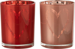 J-Line windlicht Hart - glas - rood/roze - small - 2 stuks