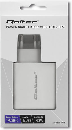 Qoltec Oplader| 63W | 5-20V | 1.5-3A | USB type C PD | USB-kwaliteitscontrole 3.0 | Wit.