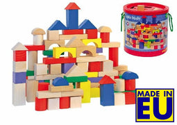 Houten bouwblokken in ton 100 stuks