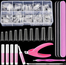 Nageltips Set met lijm, 500-DELIG Nageltips voor Gelnagels Ballerina, 10 Maten Helder Doodskist Nagels Tips met Tip Cutter Nagelbuffer en Bokkenpootje voor Beginners Thuisgebruikers Professionals