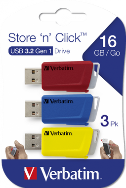 Verbatim Store 'n' Click - USB-stick 16GB - USB 3.2 Gen 1 - Blauw/Rood (3 stuks)