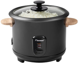 Bestron Rijstkoker voor 8-10 Personen, inclusief maatbeker en rijstlepel, met antianbaklaag & indicatielampje, onderdelen vaatwasserbestendig, 1.8 Liter, 700W, kleur: zwart / hout