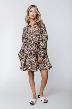 Colourful Rebel Minon - Mini Dress - Wijduitlopende fit Lange mouw Ceintuur Leopard dessin - XL