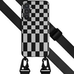 Selencia Hoesje Met Koord Geschikt voor Samsung Galaxy S23 FE - Selencia Siliconen design hoesje met afneembaar koord - Zwart / Irregular Check Black