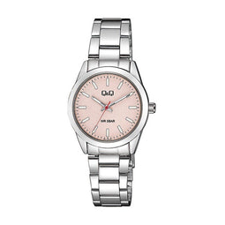 Q&Q Q82A-005PY - Horloge - Analoog - Dames - Vrouwen - stalen band - Rond - Metaal - Streepjes - Zilverkleurig - Roze - 5 ATM