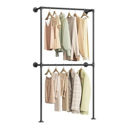 Woltu Open Wandkast Industrieel Zwart - Wandgemonteerde Kledingrek met 2 Stangen 102,5 x 187 x 36,5