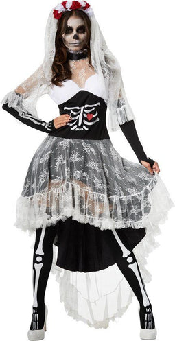 Dressforfun Griezelige Skeletbruid XXL - Kostuum Halloween - Dubbelgelaagde jurk met skeletprint - Zwart