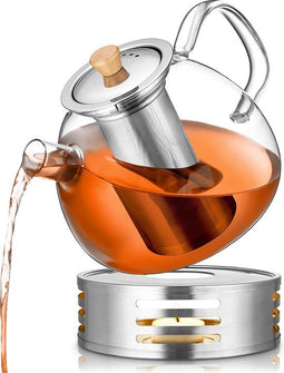 Deleca Glazen Theepot - 1.5L - RVS Filter en Theelicht Warmhouder - Borosilicaat Glas