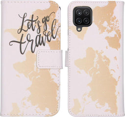 iMoshion Hoesje Geschikt voor Samsung Galaxy A12 Hoesje Met Pasjeshouder - iMoshion Design Softcase Bookcase - Wit / Meerkleurig / Goud / Let's Go Travel White