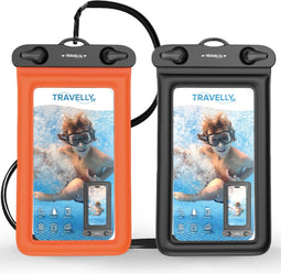 Travelly ® - Waterdicht Telefoonhoesje - IPX8 tot 30 meter - Set van 2 (Zwart/Oranje) (2 stuks)