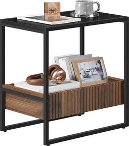 O'DADDY® Bijzettafel - Vierkant - Verstelbare Lade - 55x35x55 cm - Zwart Metaal/Bruin Hout