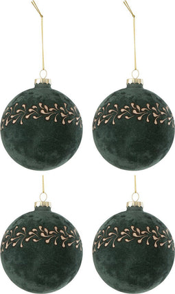 J-Line kerstbal Motief - fluweel - groen/goud - doos van 4 - kerstversiering