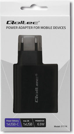 Qoltec Oplader | 63W | 5-20V | 1.5-3A | USB type C PD | USB-kwaliteitscontrole 3.0 | Zwart.