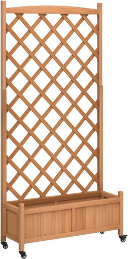 vidaXL - Plantenbak - met - latwerk - en - wielen - massief - vurenhout - bruin