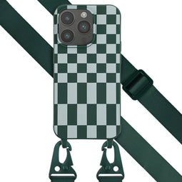Selencia Hoesje Met Koord Geschikt voor iPhone 14 Pro - Selencia Siliconen design hoesje met afneembaar koord - Groen / Irregular Check Green