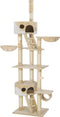 tectake® Kattenkrabpaal XXL - Plafondhoog 243-260cm - Verstelbare Krabpaal met Trap Huisjes Buis Ligmandjes en Sisalzuilen - Beige/Wit