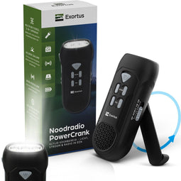 Exortus® PowerCrank - LED Zaklamp & Noodradio Dynamo 5-in-1 - Powerbank AM/FM Radio Zwart & Grijs