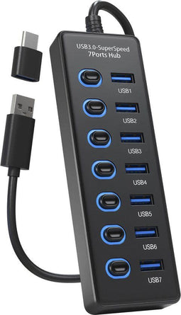 Nuvance Usb Hub - 3.0 – 7 Poorten - Usb Splitter – USB C Hub/Adapter - Universeel - Aan/Uit Switch -