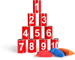 BS Toys Blikgooien - Werpspel met 10 Blikken en 3 Pittenzakken - Buitenspeelgoed - Rood (10 stuks)
