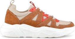 PS Poelman Year - Dames Leren Chunky Runner Sneaker - Suéde en Mesh - Bruin Beige Rood - Maat 36