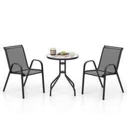 Coast 3-delige Bistroset - Ronde Tafel Ø60x70 cm met Gehard Glas & 2 Stapelbare Stoelen - Zwart
