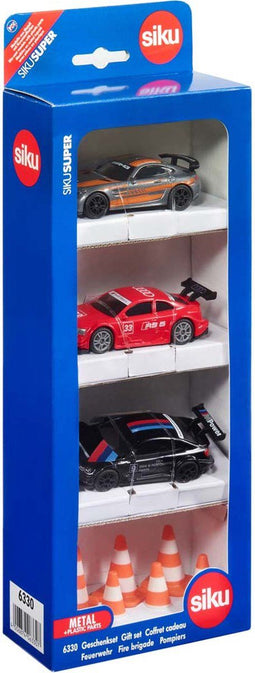 Siku cadeauset Race Mercedes-AMG GT4 Audi RS 5 Racing en BMW M4 incl. 6 verkeerskegels speelgoedauto's metaal/kunststof multicolor met sportvelgen en achtervleugels