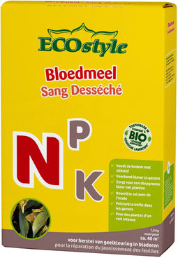 ECOstyle Bloedmeel Voor Geelverkleuring - Voor Tekort Aan Stikstof - Voor Diepgroen Blad - Voorkomt Klaver in Gazons - 15 M² - 1,6 KG
