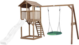 AXI Beach Tower Speeltoestel in Bruin - Speeltoren met Summer Nestschommel, Witte Glijbaan en Zandbak - FSC hout - Speelhuis op palen voor de tuin
