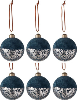 J-Line kerstballen - fluweel/glas - blauw/goud - small - doos van 6