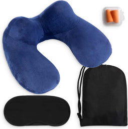 Opblaasbaar Nekkussen set 3 in 1 - U-Vorm - Fluweel - Inclusief slaapmasker en oordoppen - Blauw (1 set)