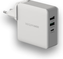 RealPower DeskCharge-65 Travel Reislader (EU, UK & US), 1 x USB-C PD, 1 x USB 18W fast charge, 1 x USB 2.4A, wandlader totaal max. 65W