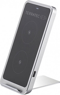 RealPower TERRATEC ChargeAir Up! - Smartphone standaard met wireless charger (Qi) - dual coil - incl. wandlader - inklapbaar- metaal - zwart/zilver