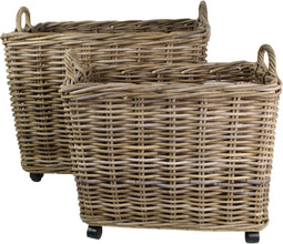Rechthoekige mandenset met wielen - vergrijsd naturel - set van 2