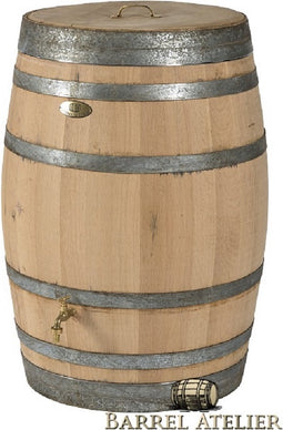 Regenton 225L, "LUXE" geborsteld, geschuurd, gat vulautomaat, deksel, handvat messing, messing logo en kraan