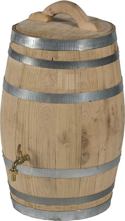 Regenton "naturel" 50 L. incl. kraan, los deksel,handvat en gat voor de vulautomaat aan de achterzijde / Houten Regenton