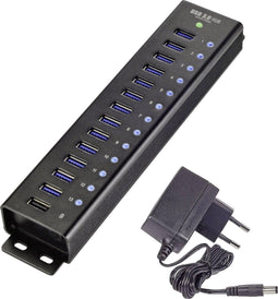 Renkforce RF-3897144 USB 3.2 Gen 1-hub 13 poorten Met aluminium behuizing, Voor wandmontage, Met snellaadpoort