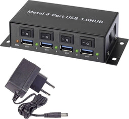Renkforce RF-3955362 USB 3.2 Gen 1-hub 4 poorten Met metalen behuizing, Individueel schakelbaar, Voor wandmontage Zwart