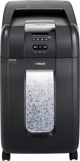 Rexel Autofeed Auto+ 300M Fluisterstille Papierversnipperaar - Voor Kantoor - Veiligheidsniveau: DIN P- 5 Microsnippers - Tot 300 A4-Vellen - Vernietigt Documenten, Creditcards, Nietjes En Paperclips - Opvangbak Van 40 Liter - Zwart