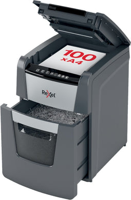 Rexel Optimum AutoFeed+ 100M Fluisterstille Papierversnipperaar P-5 Micro voor Thuiskantoor/Thuiswerkplek - Invoer tot 100 Vellen - Zwart