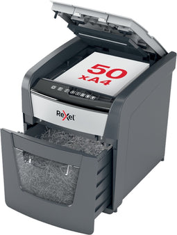 Rexel Optimum AutoFeed+ 50X Fluisterstille Papierversnipperaar P-4 Snippers voor Thuiskantoor/Thuiswerkplek - Invoer tot 50 Vellen - Zwart