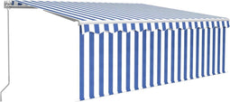 vidaXL - Luifel - handmatig - uittrekbaar - met - rolgordijn - LED - 4x3 - m - blauw - wit